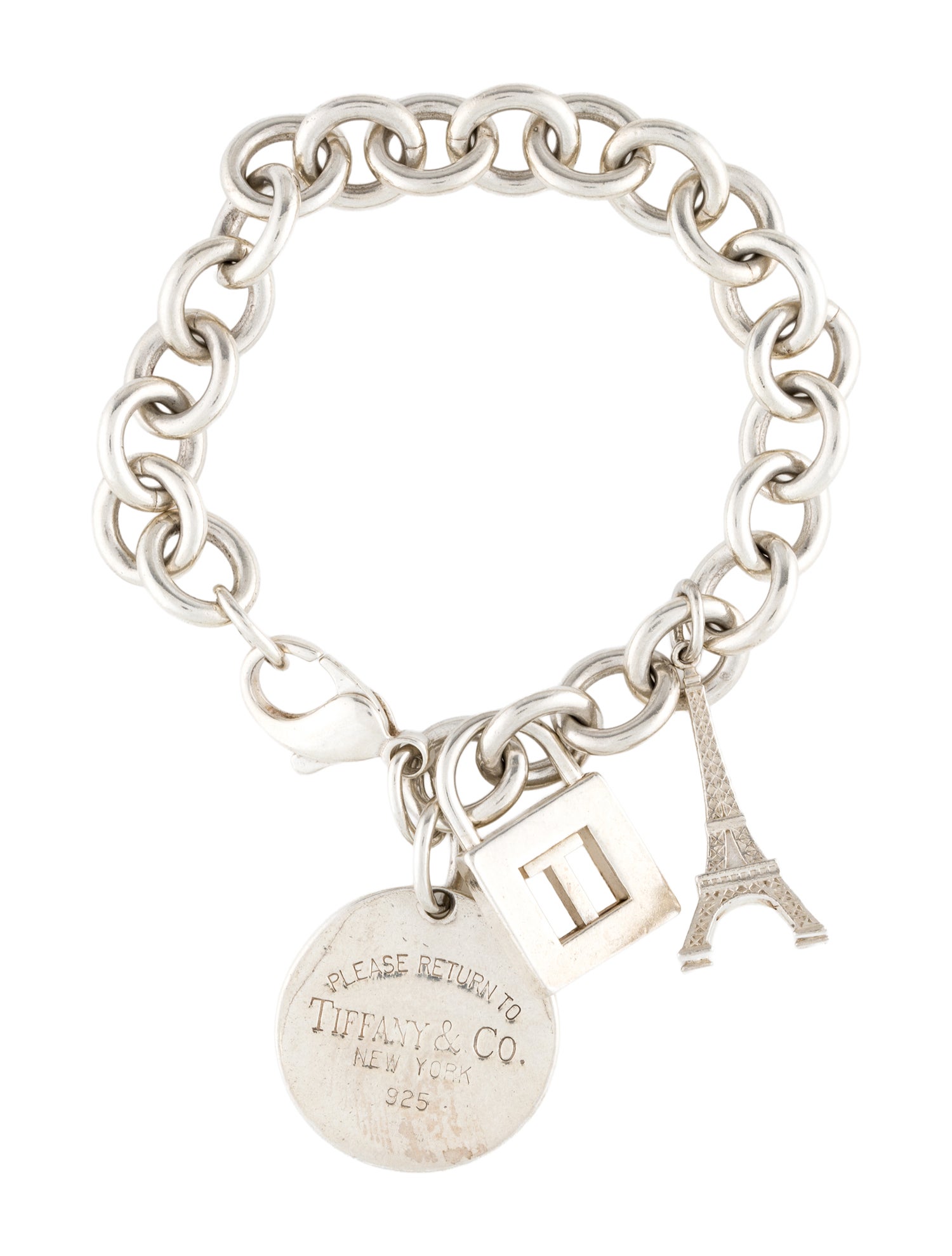 Tiffany & Co. Eiffel Tower, 'T' Initial Lock & Round Tag Charm Bracelet