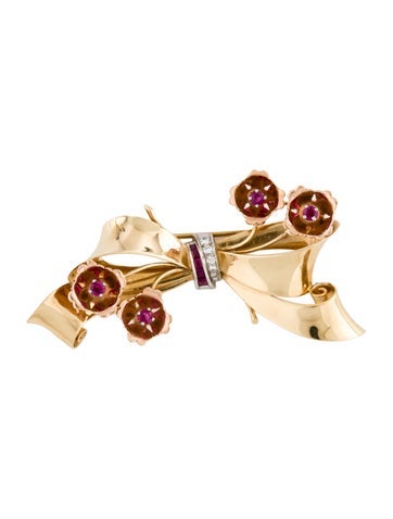 Pre-owned Tiffany & Co Vintage Ruby & Diamond Brooch Pin In Multi
