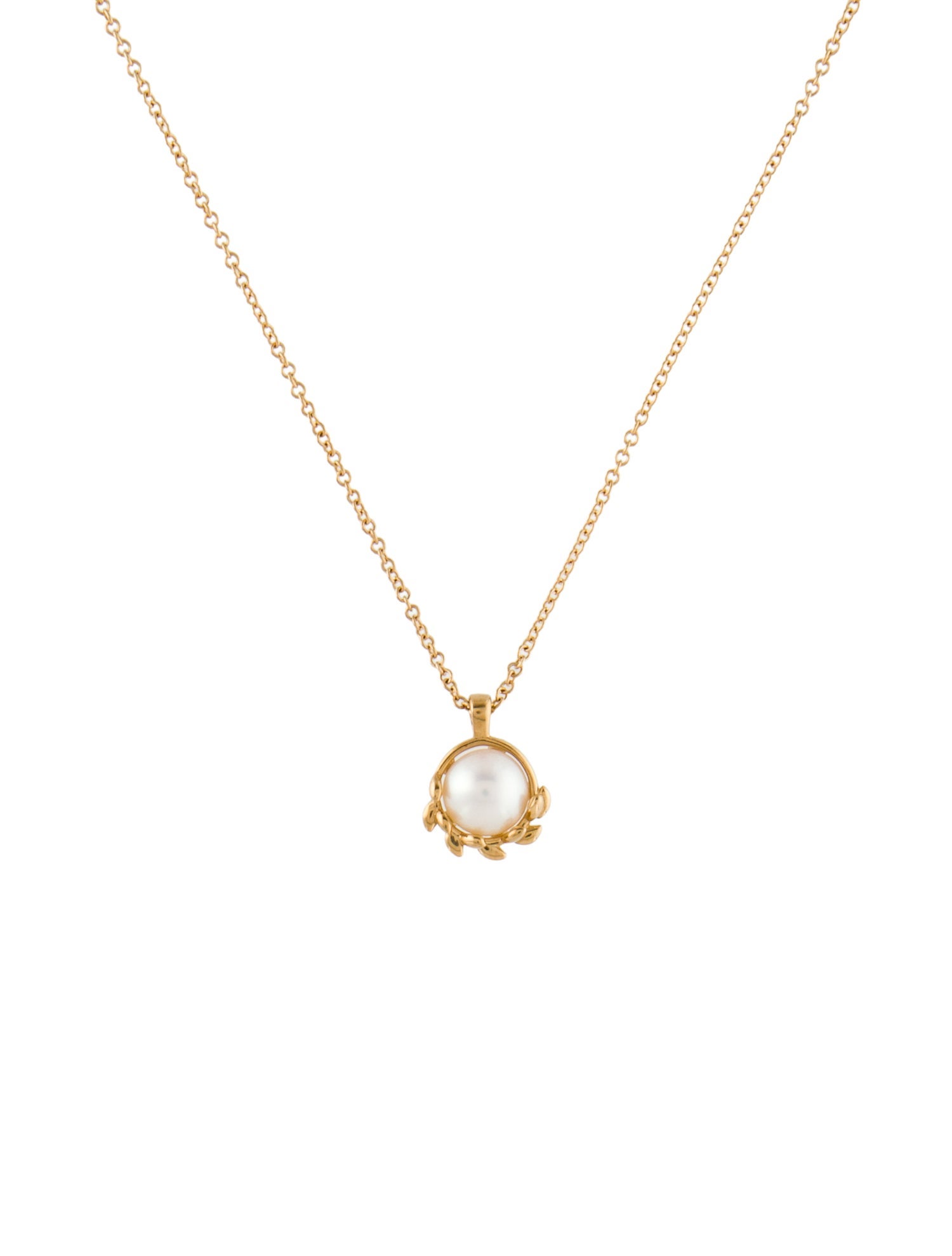 Tiffany & Co. 18K Pearl Olive Leaf Pendant Necklace