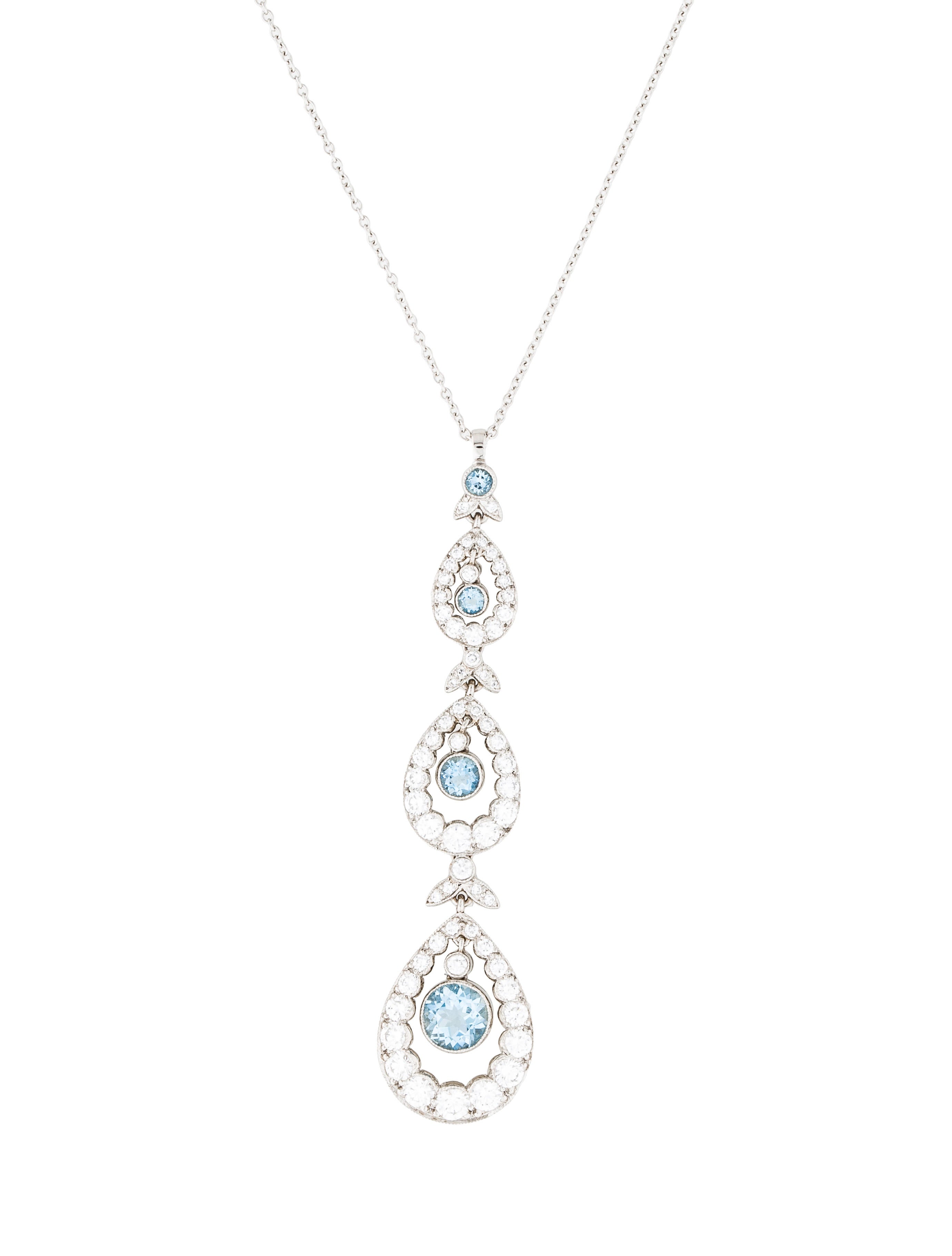 Tiffany & Co. Platinum Diamond & Aquamarine Three Tear Drop Pendant