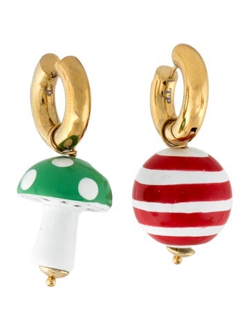Pre-owned Timeless Pearly Enamel Mushroom Hoop Drop Earring In Green/red/white