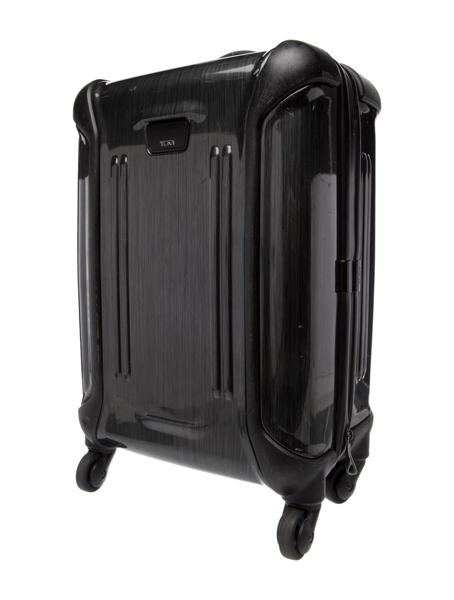 Tumi black plastic rolling suitcase