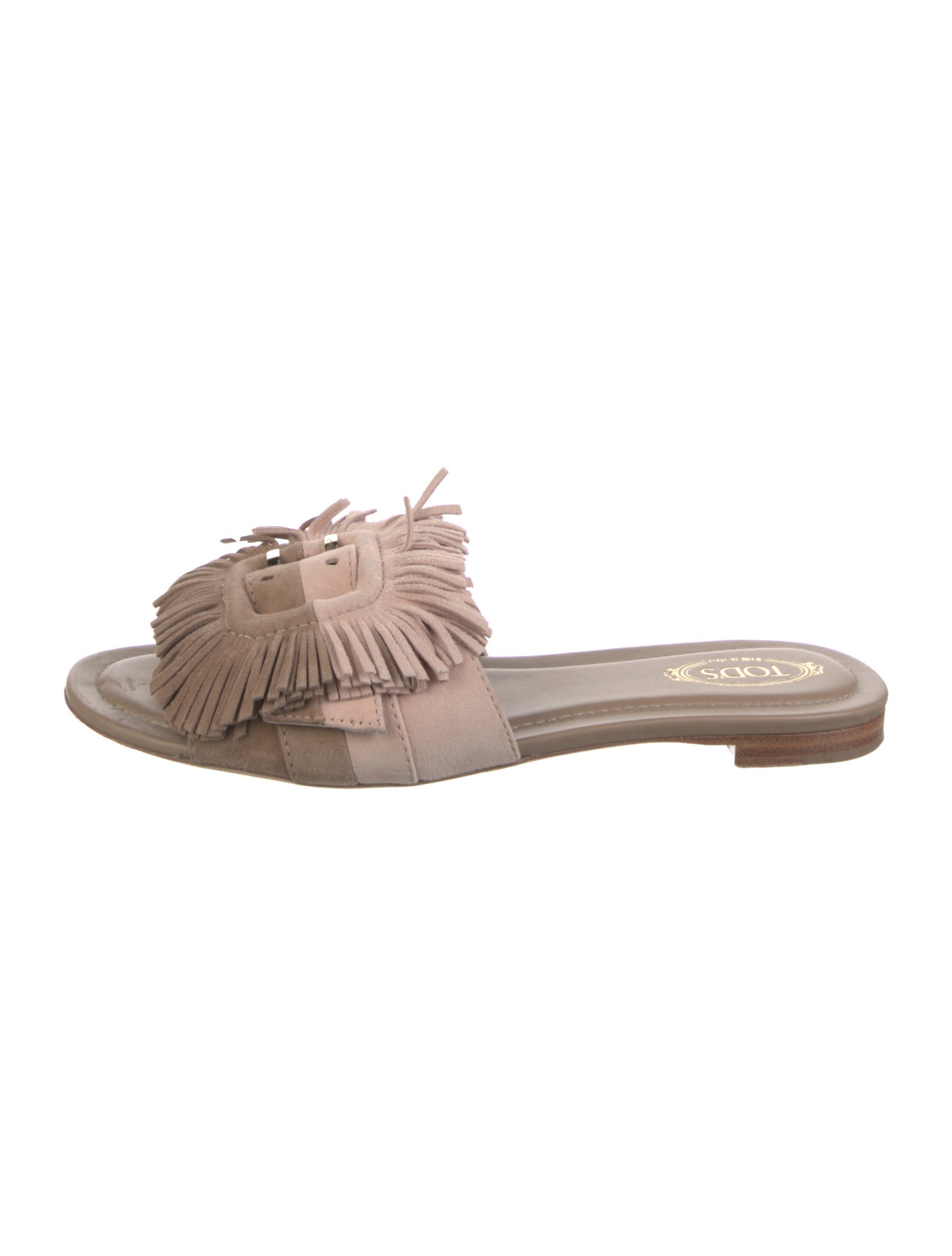 Tod's Suede Fringe Trim Accent Slides - Neutrals Sandals