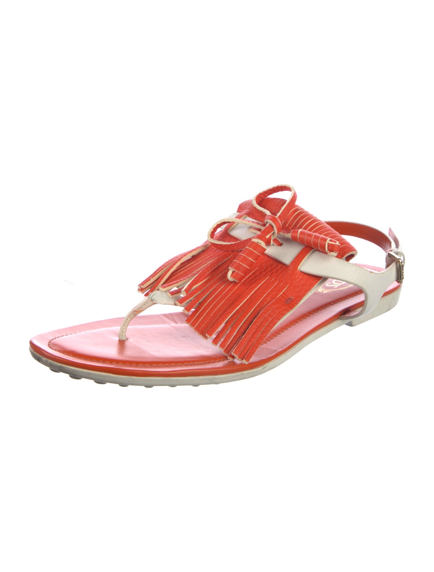 Tod's Leather Fringe Trim Accent T-Strap Sandals