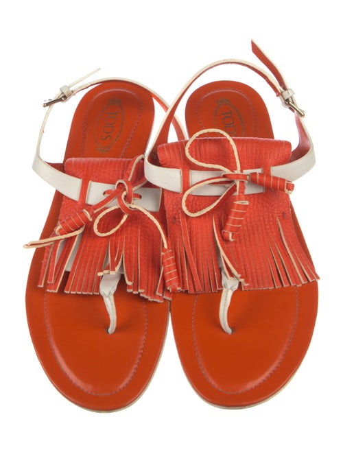 Tod's Leather Fringe Trim Accent T-Strap Sandals