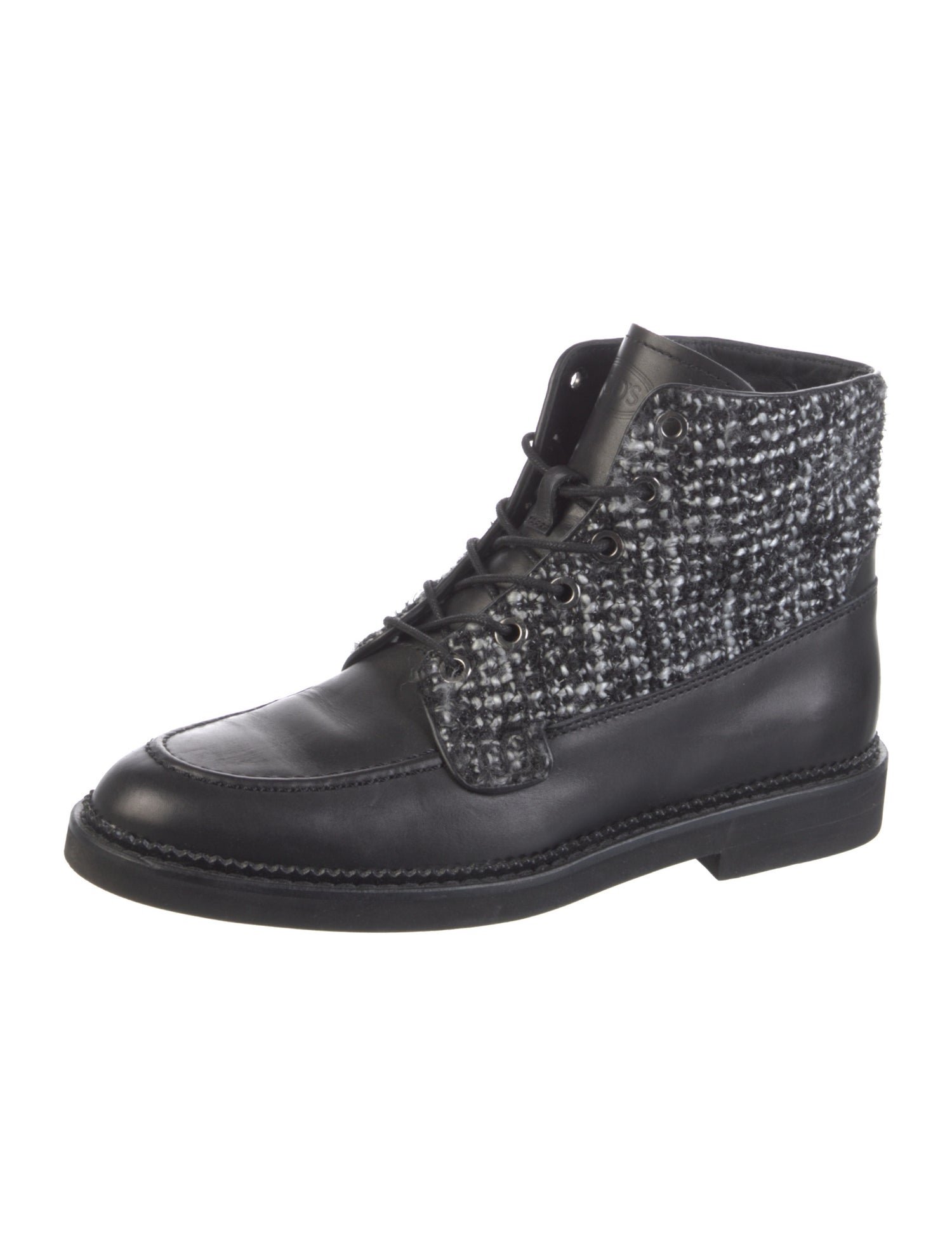 Tod's Leather Tweed Pattern Combat Boots