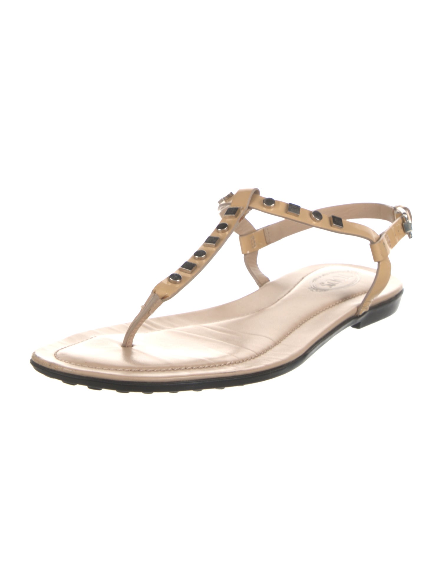Tod's Patent Leather Studded Accents T-Strap Sandals