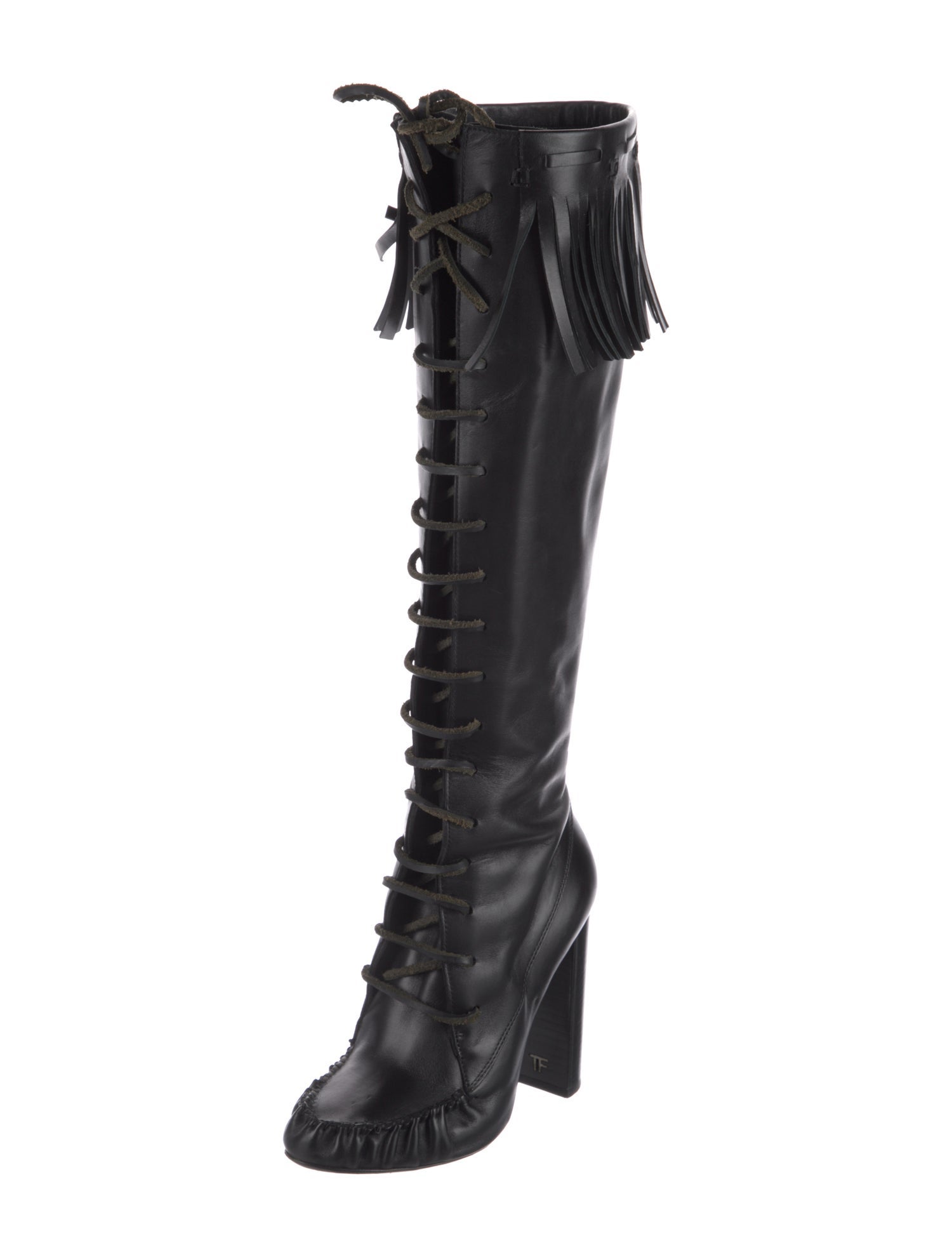 Tom Ford Leather Fringe Trim Accent Lace-Up Boots