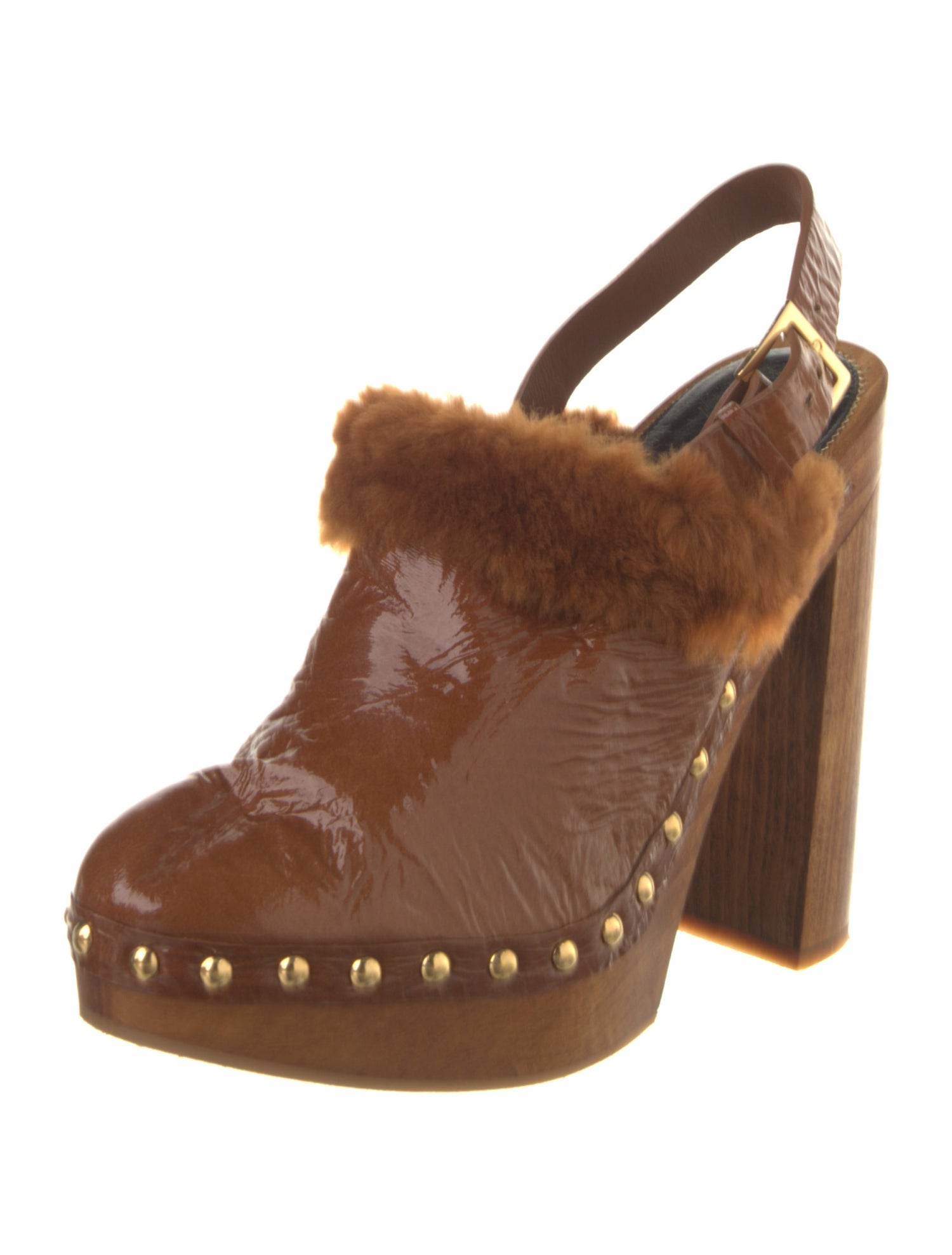 Tom Ford Patent Leather Faux Fur Trim Slingback Pumps