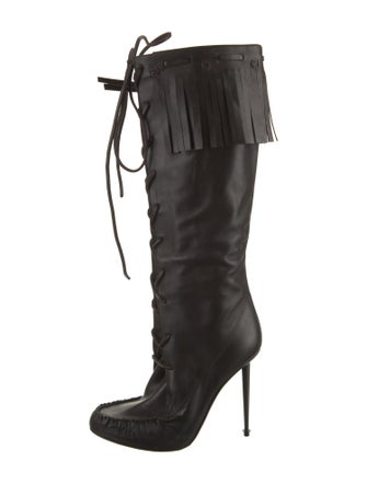 Tom Ford Leather Fringe Trim Accent Lace-Up Boots