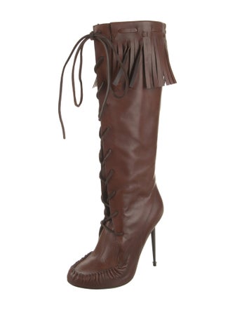 Tom Ford Leather Fringe Trim Accent Lace-Up Boots