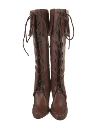 Tom Ford Leather Fringe Trim Accent Lace-Up Boots