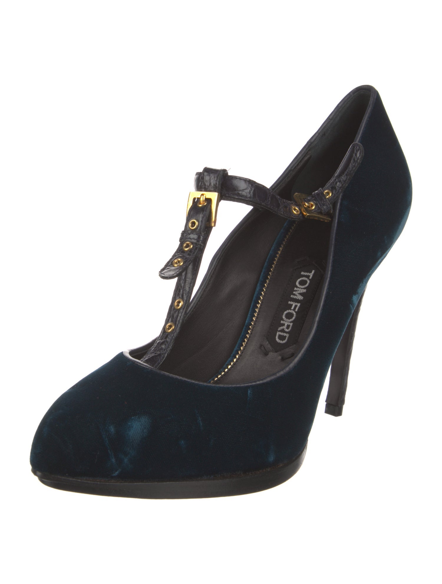 Tom Ford Velvet Leather Trim Embellishment T-Strap Pumps