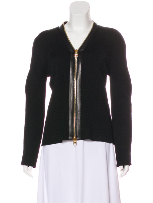Tom Ford Leather-Accented Long Sleeve Cardigan Bla