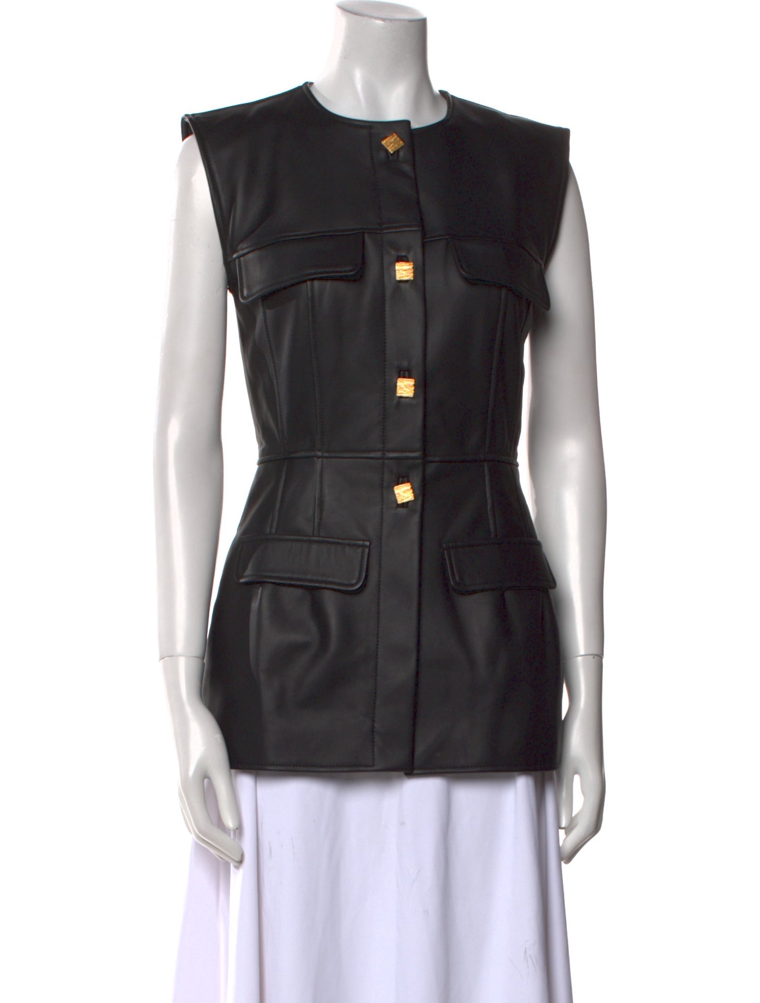 Tove Leather Crew Neck Button-Up Top