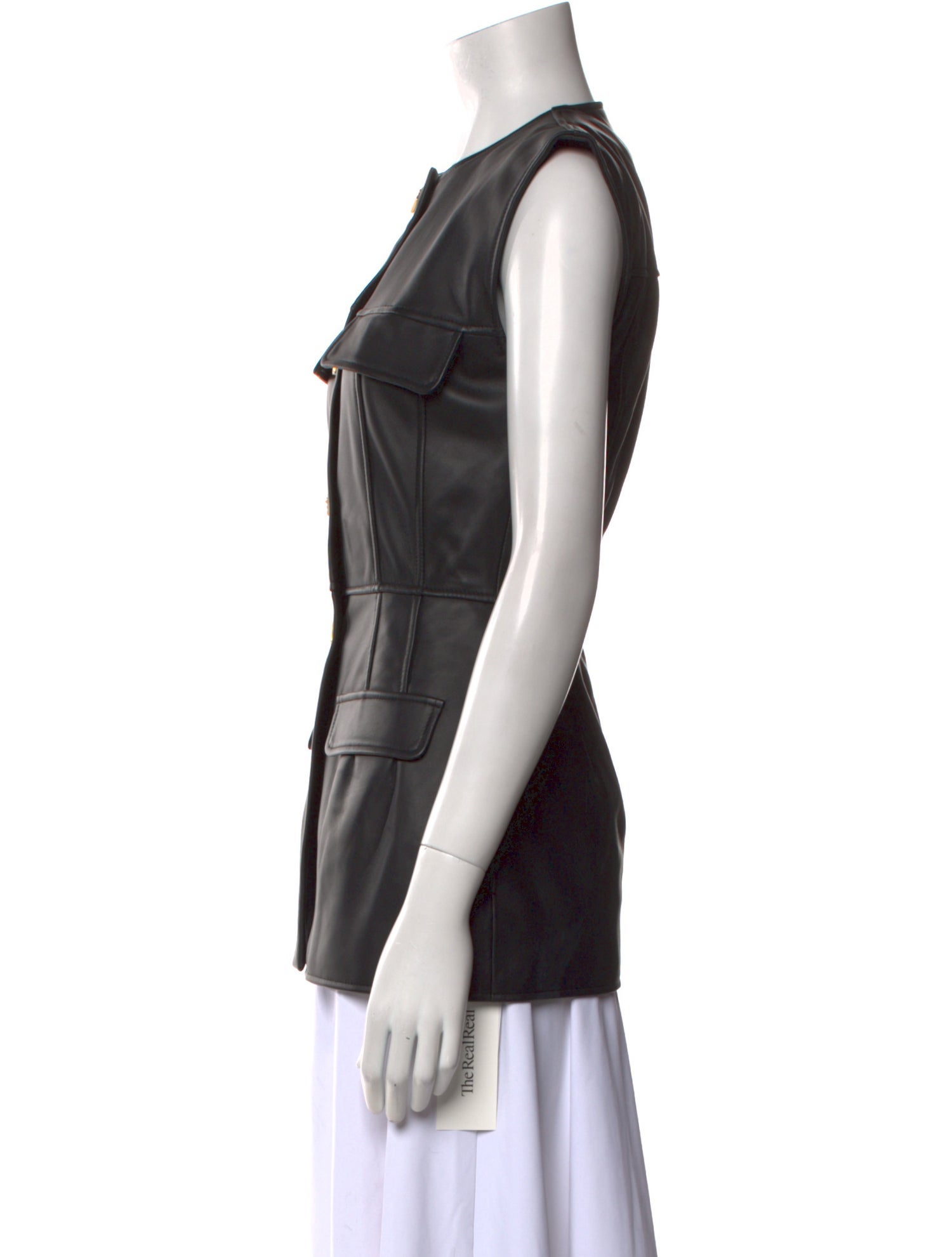 Tove Leather Crew Neck Button-Up Top