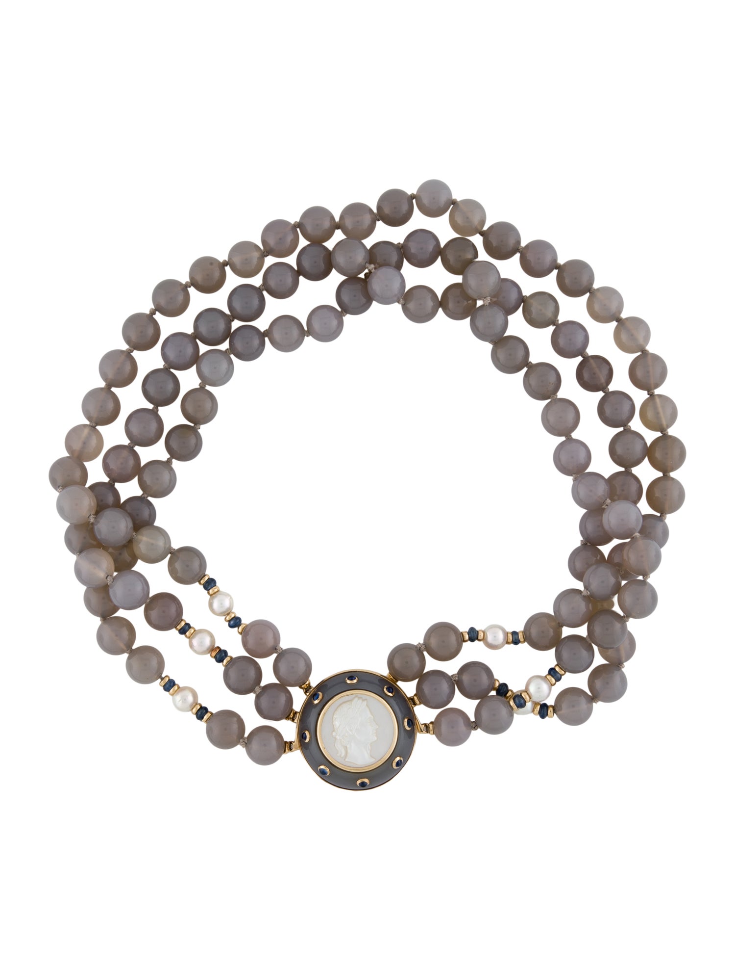 Trianon Pearl, Mother of Pearl, Chalcedony, & Sapphire Convertible Pin Brooch Multistrand