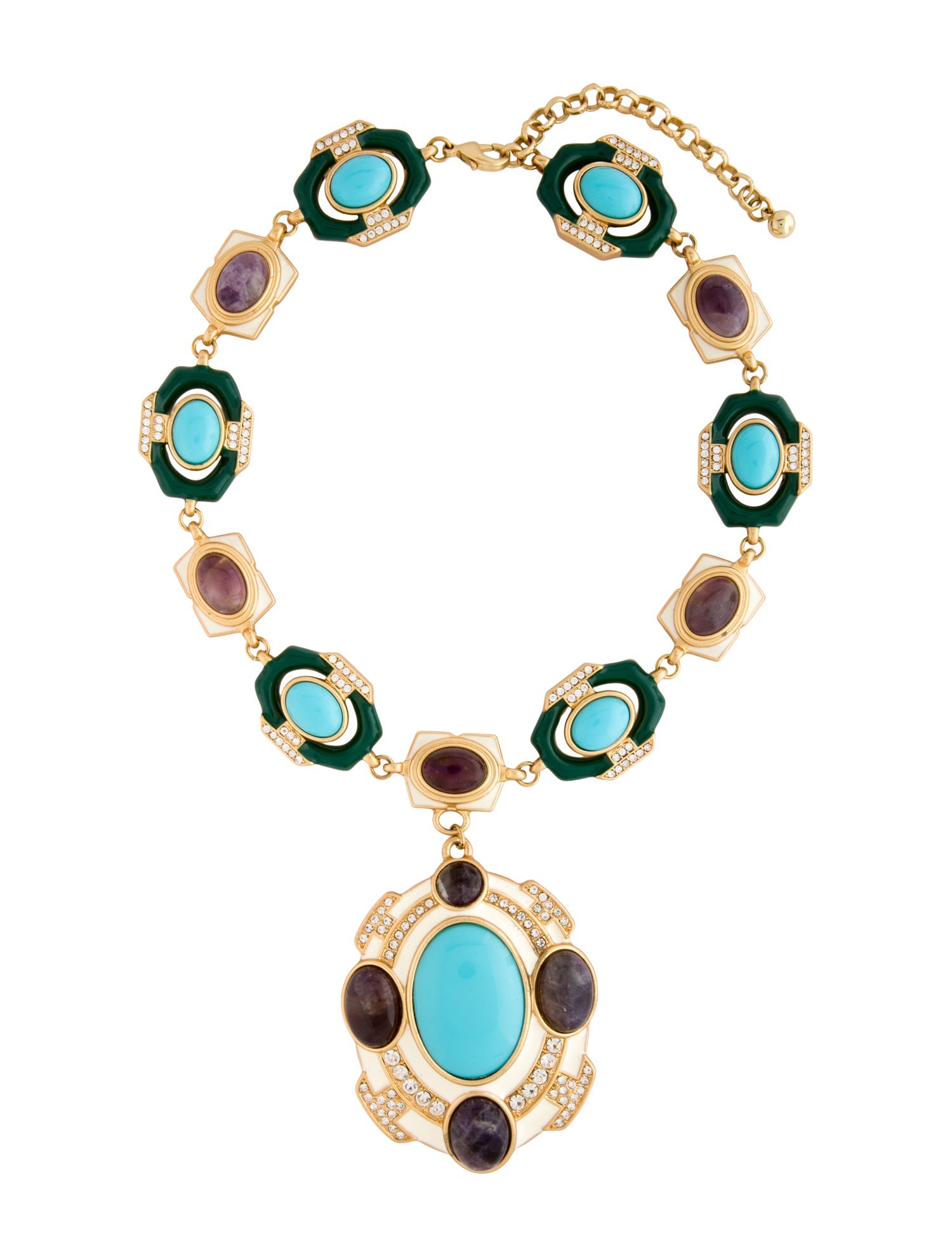 Trifari Stone, Resin & Crystal Chain Pendant Necklace