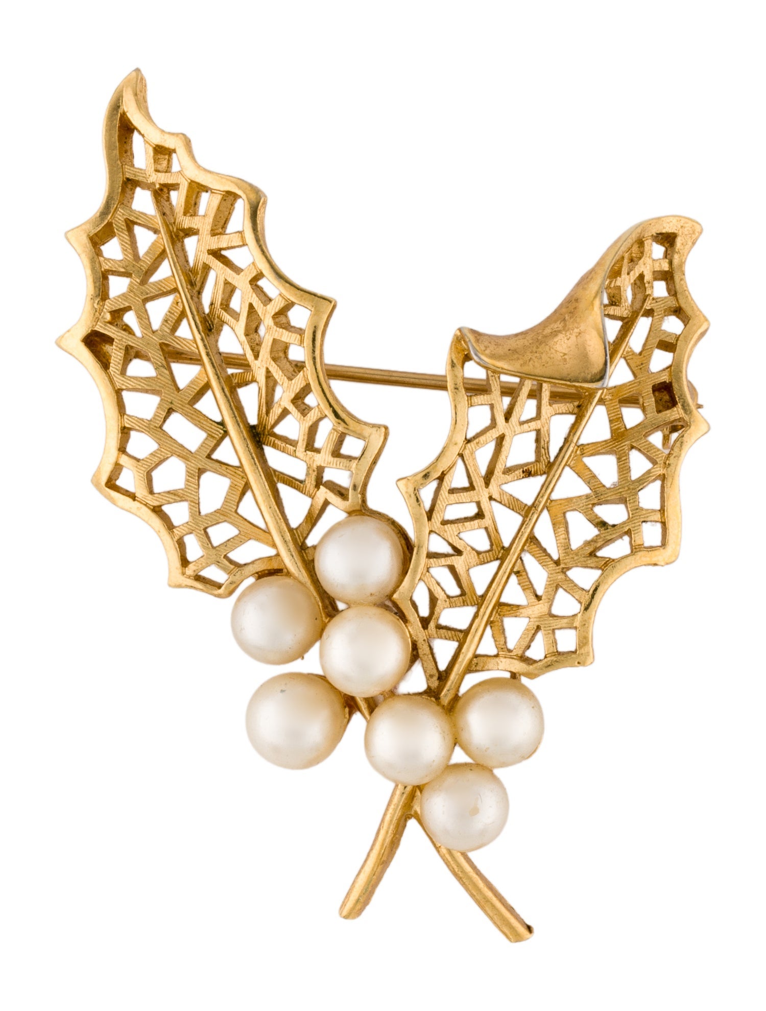 Trifari Faux Pearl Leaf Pin Brooch