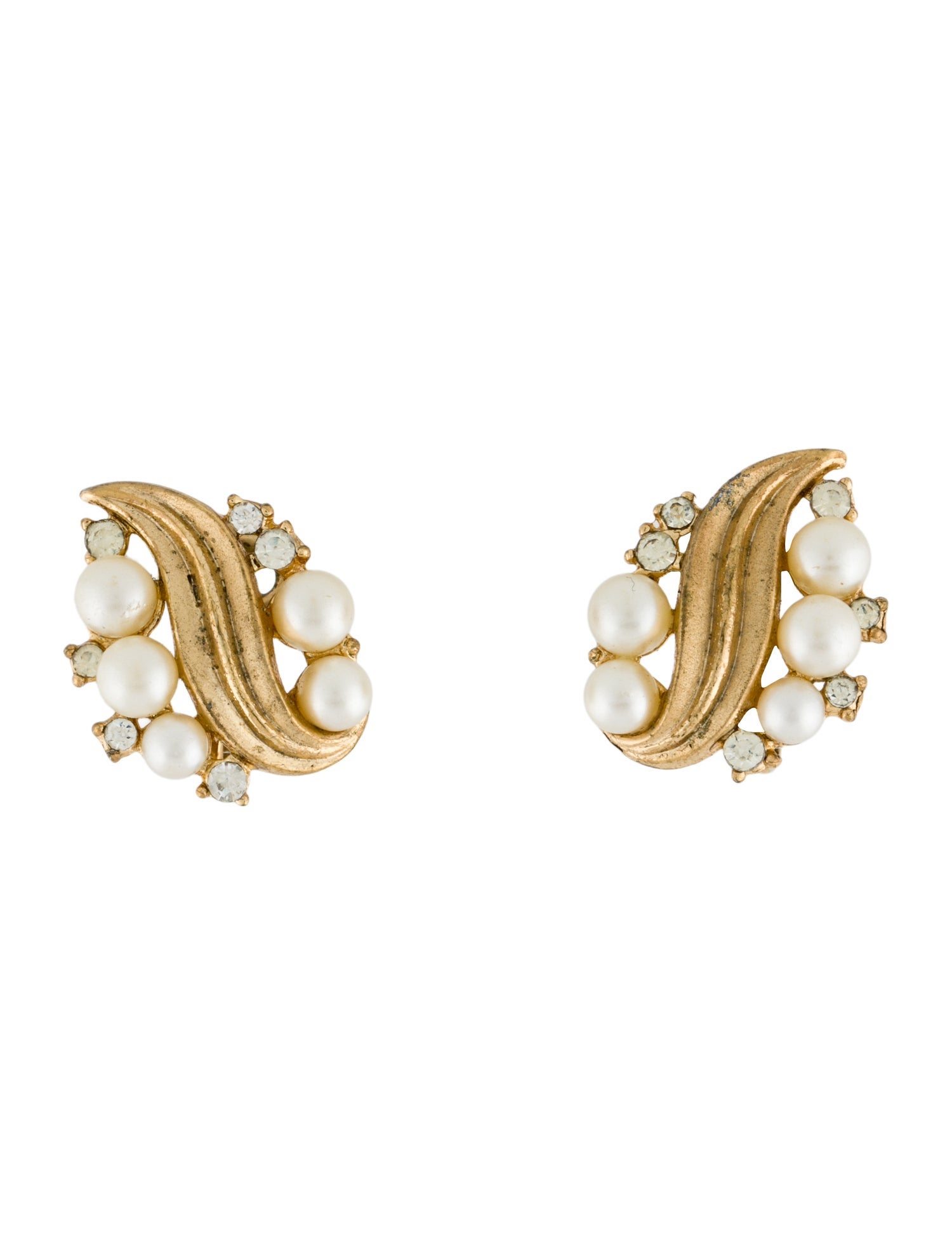 Trifari Vintage Faux Pearl & Crystal Stud Clip-On Earrings