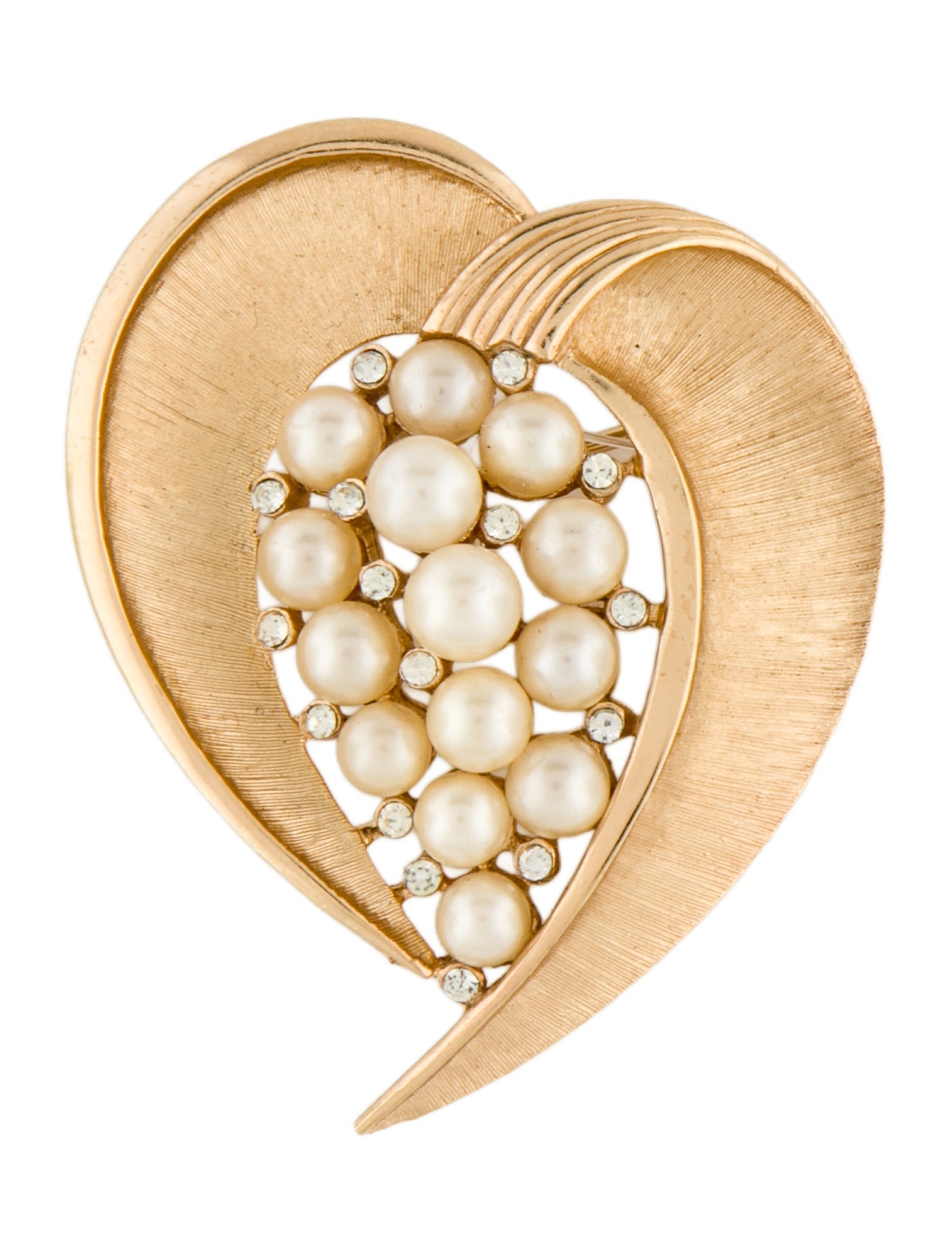 Trifari Vintage Faux Pearl & Crystal Heart Pin Brooch