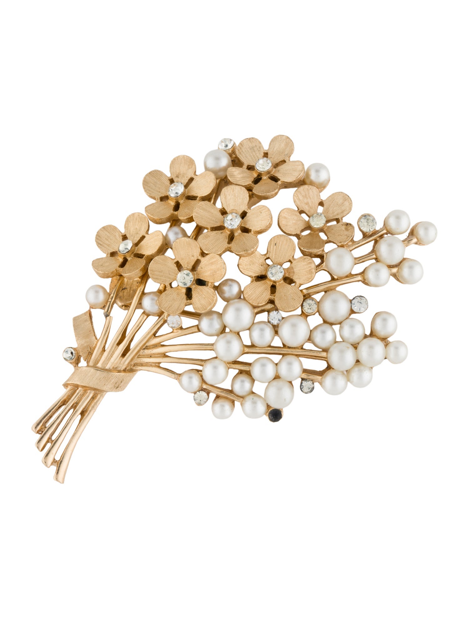 Trifari Vintage Faux Pearl & Crystal Floral Brooch Pin