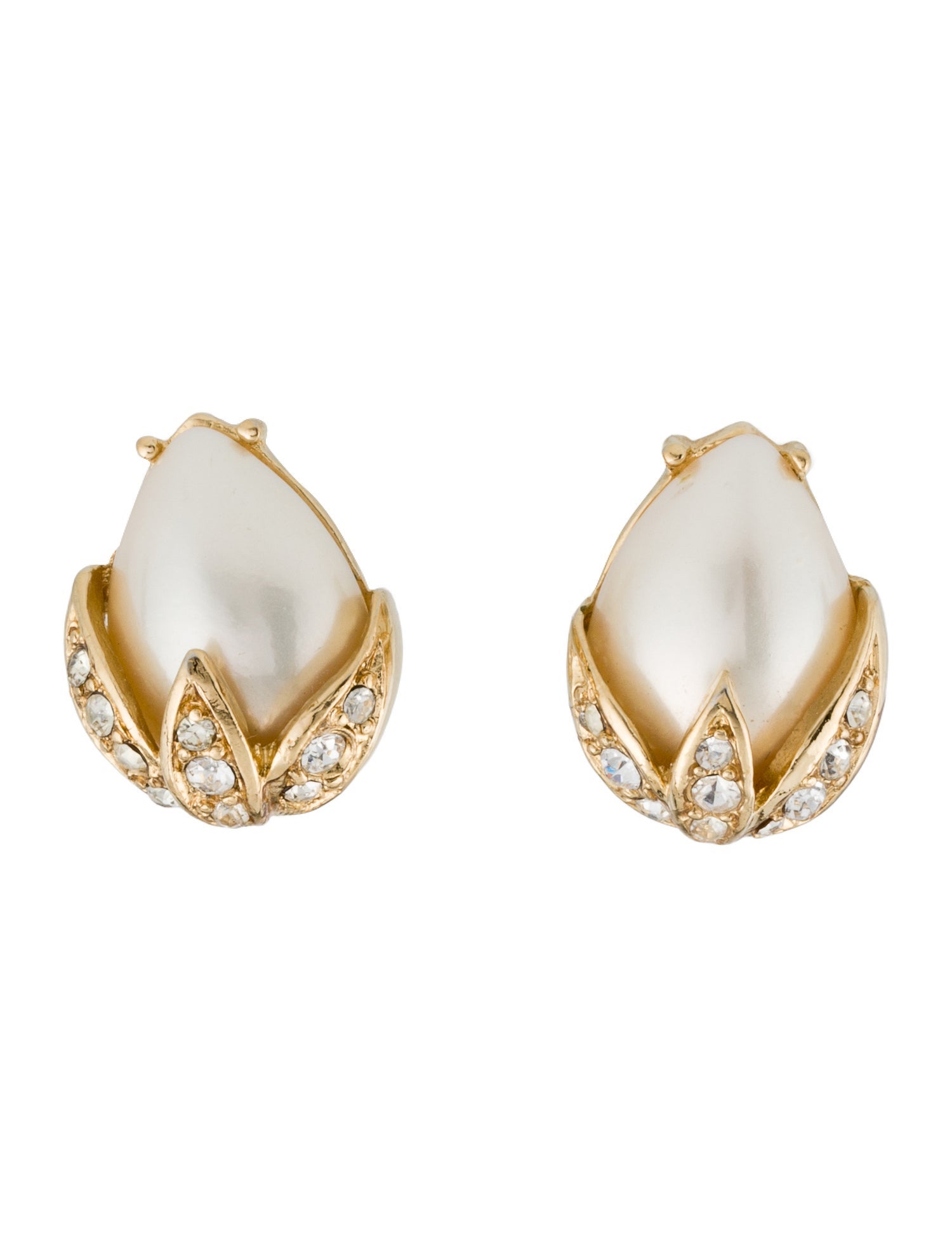 Trifari Vintage Faux Pearl & Crystal Stud Earrings