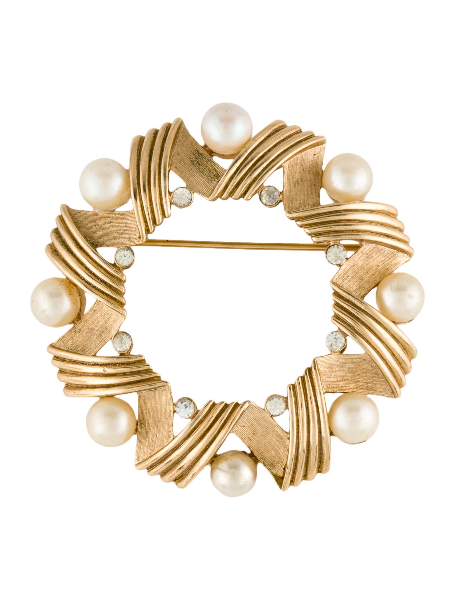 Trifari Crystal & Faux Pearl Pin Brooch