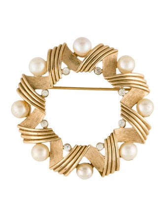 Trifari Crystal & Faux Pearl Pin Brooch