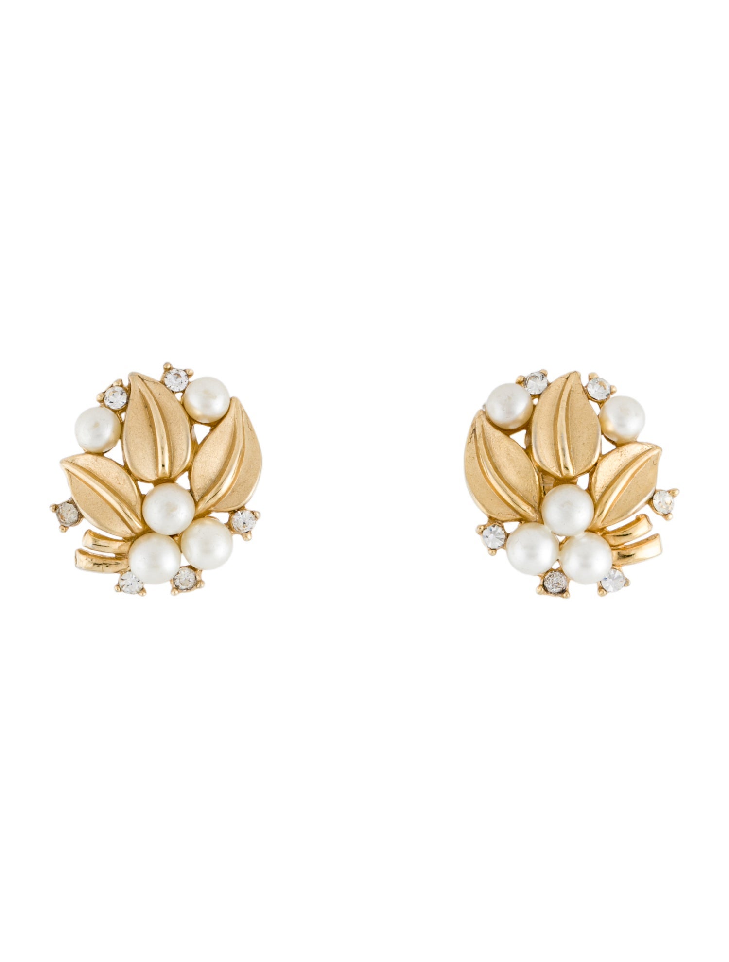 Trifari Faux Pearl & Crystal Clip-On Earrings