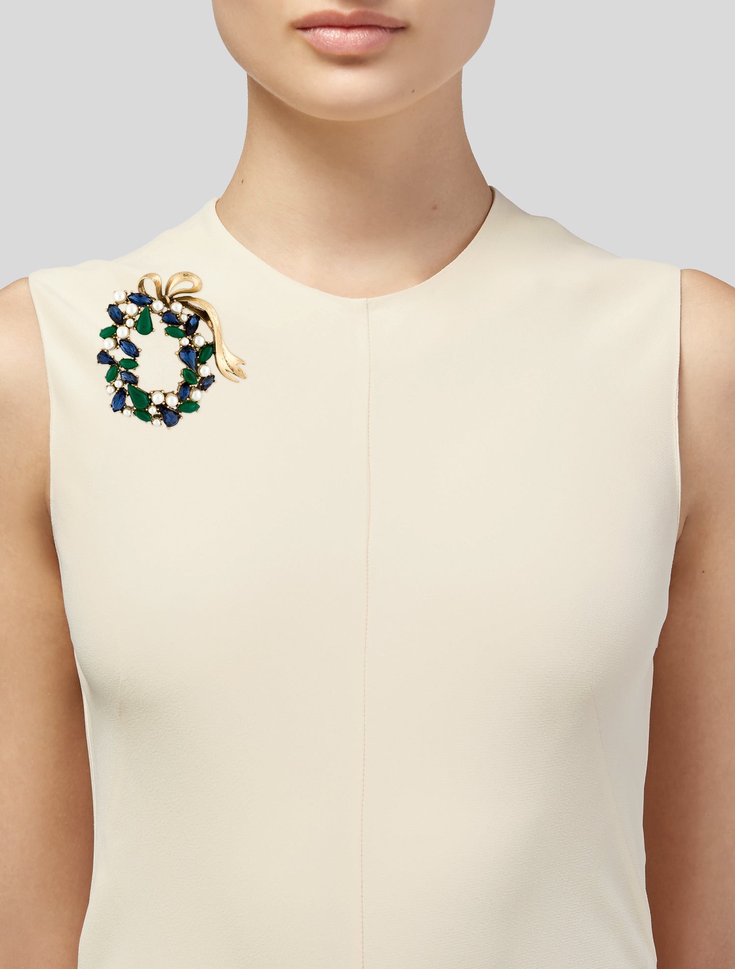 Trifari Faux Pearl, Resin & Crystal Wreath Brooch