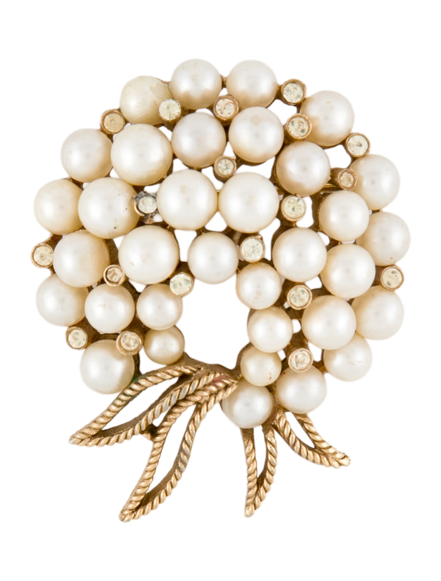 Trifari Faux Pearl & Crystal Brooch Pin