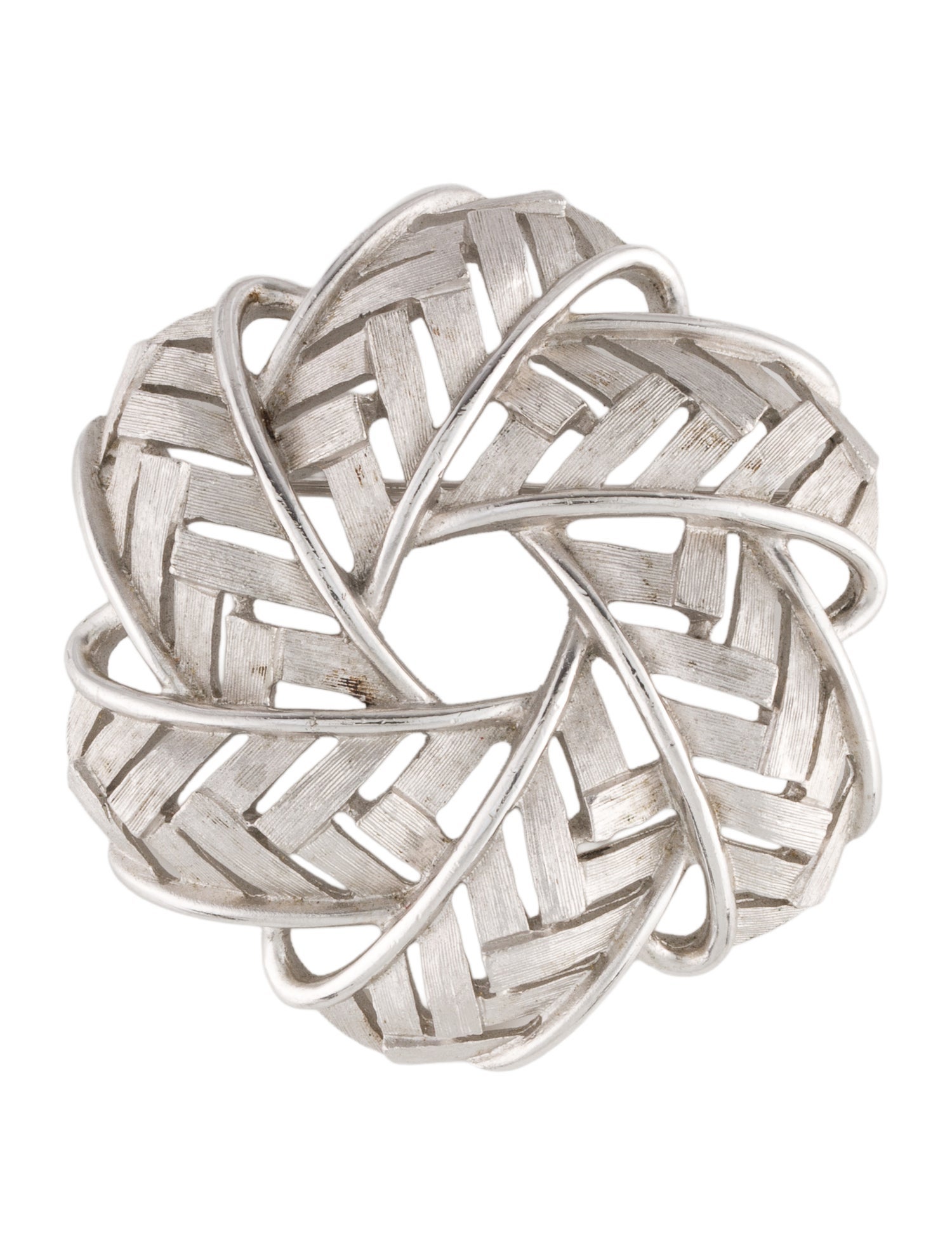 Trifari Silver Plated Brushed and Shiny Woven Brooch.