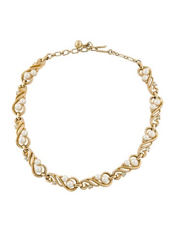 Pre-owned Trifari Faux Pearl & Crystal Chain Necklace, 15" In White