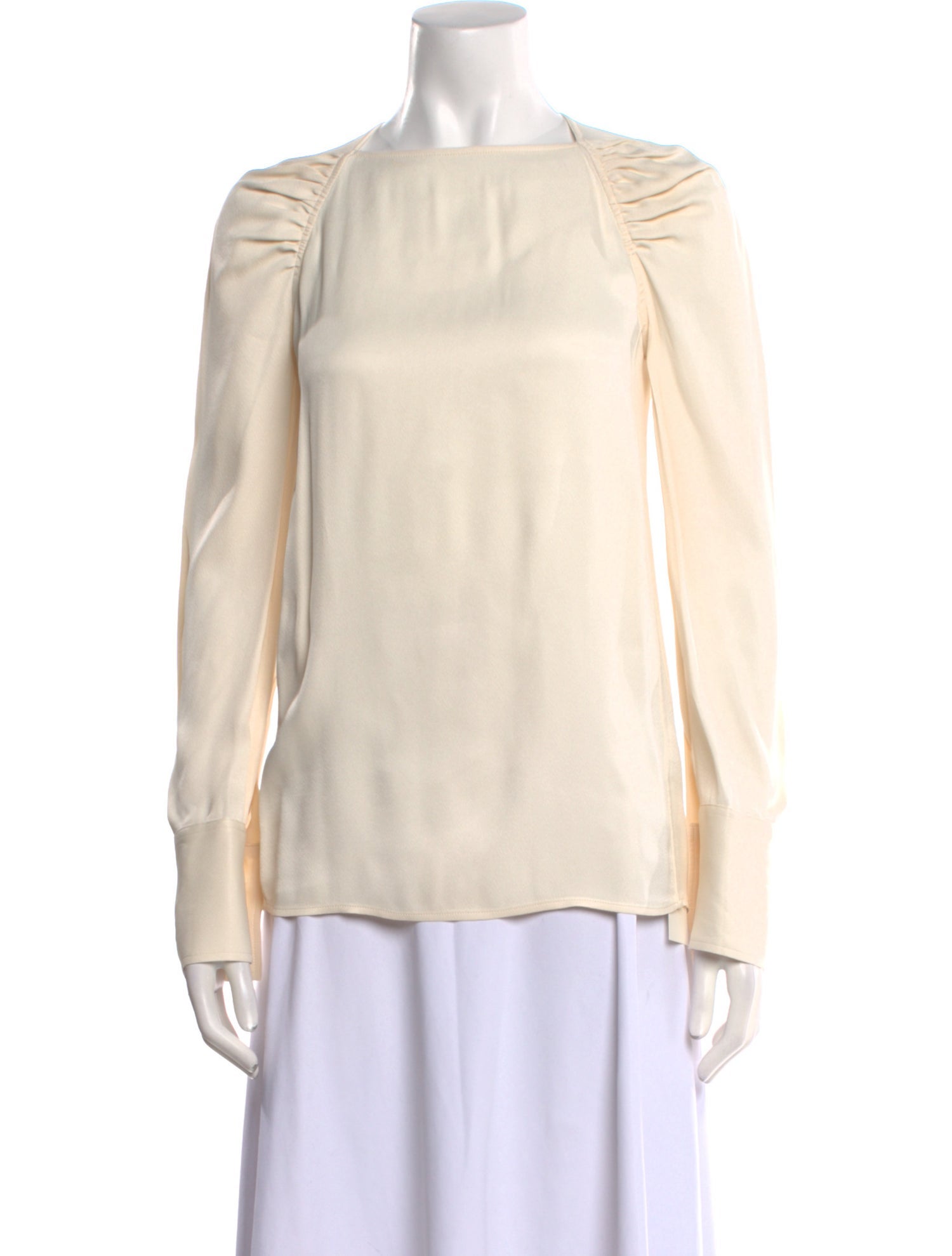 TOTEME Gathered-Shoulder Satin Top Crew Neck Blouse