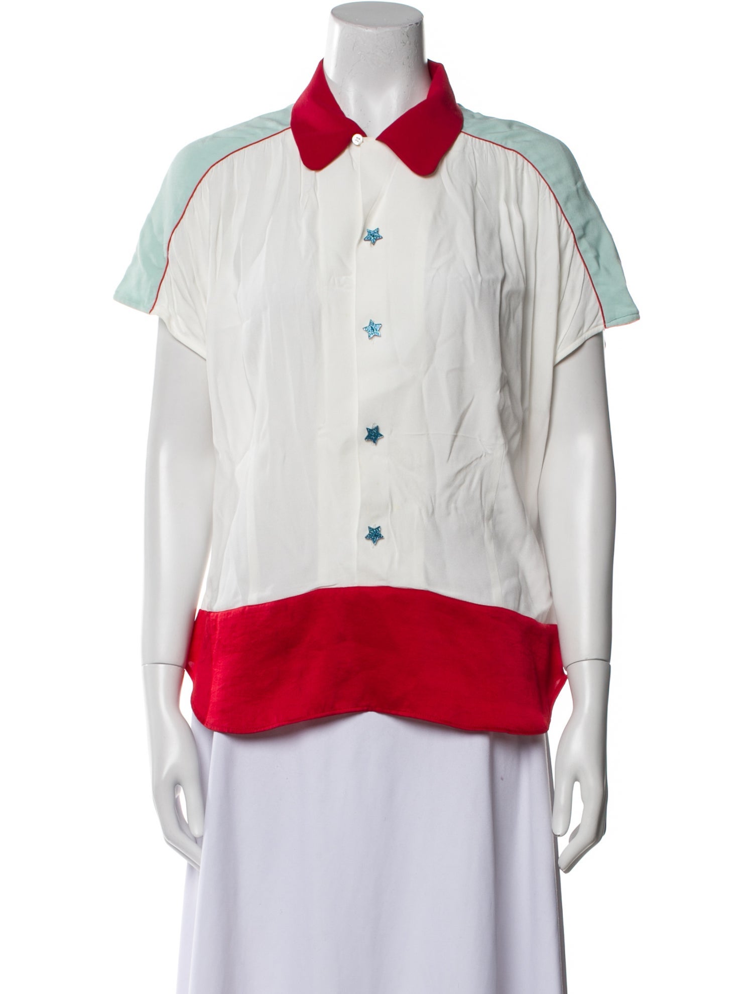 Undercover Colorblock Pattern Short Sleeve Button-Up Top