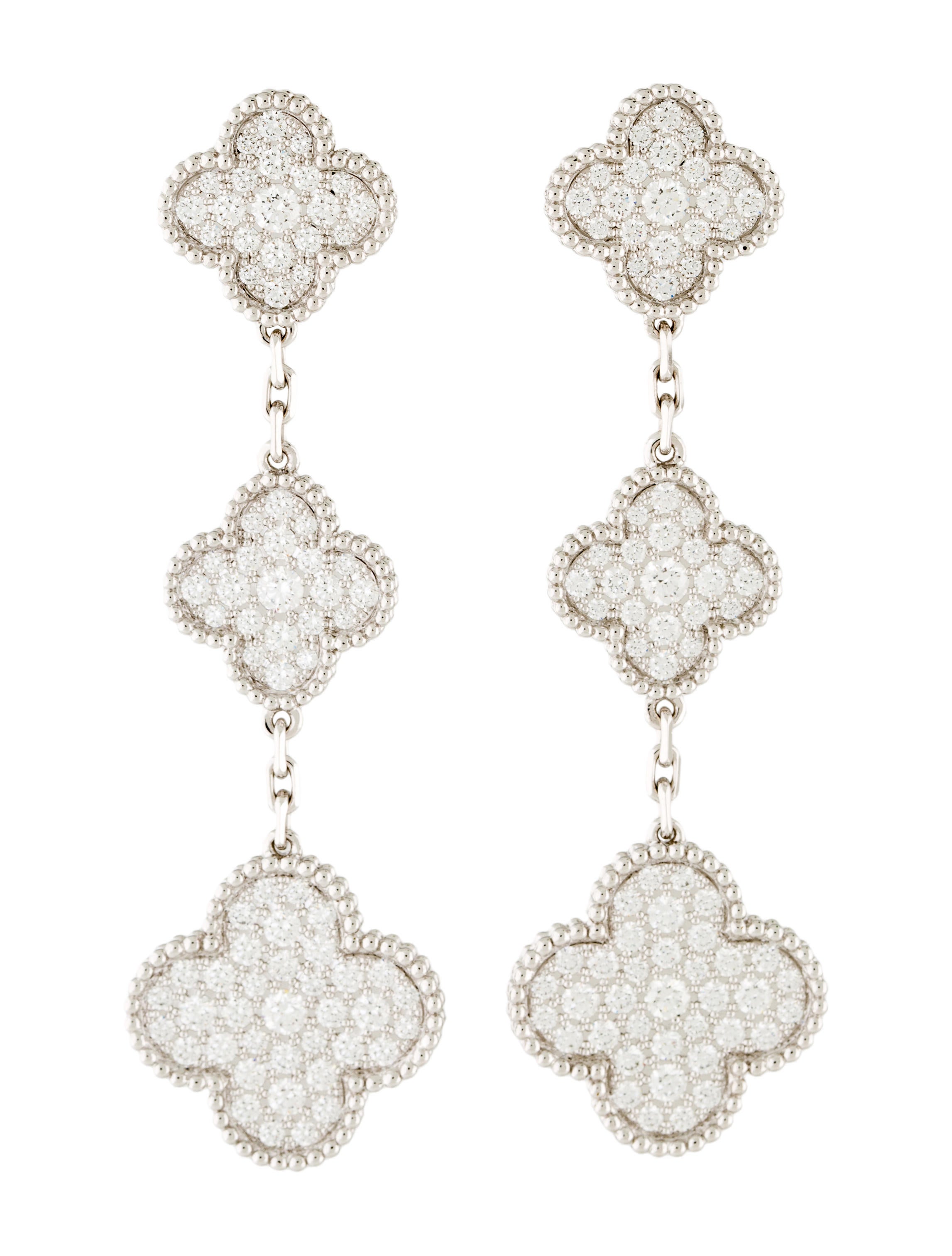 Van Cleef & Arpels Magic Alhambra 3 Motif Earrings Silver, 18K White Gold Drop, Earrings