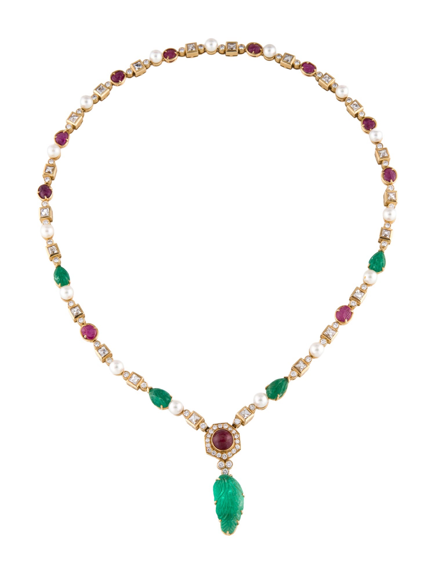 Van Cleef & Arpels Vintage 18K Pearl, Emerald, Ruby & Diamond Pendant Necklace