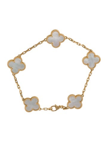 Pre-owned Van Cleef & Arpels Mother Of Pearl Vintage Alhambra Bracelet, 5 Motifs, 7.5" In White