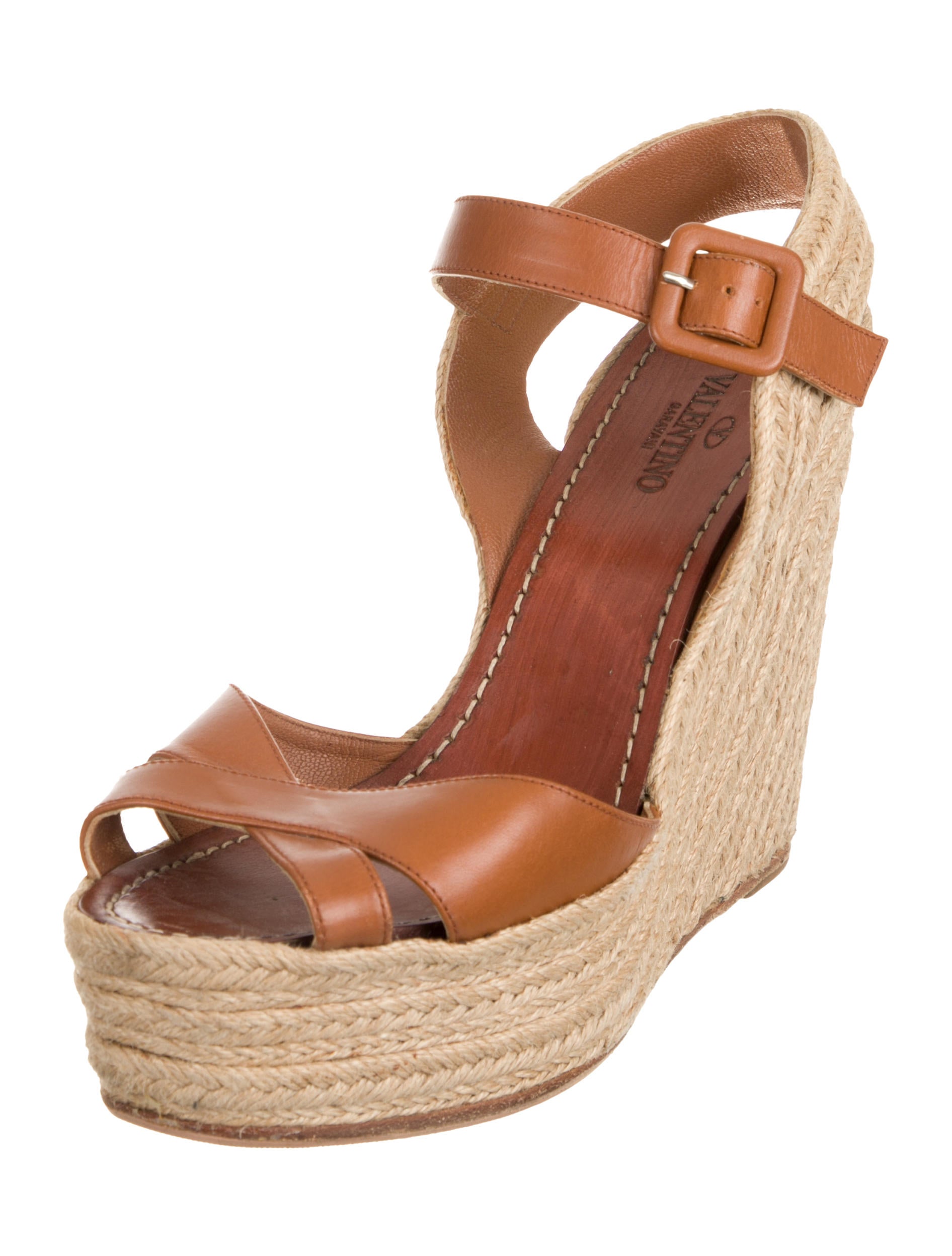 Valentino Leather Platform Wedges Brown Sandals, Shoes VAL131335