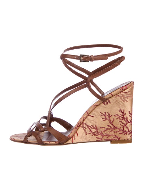 Valentino Leather Peep-Toe Wedge Sandals Brown