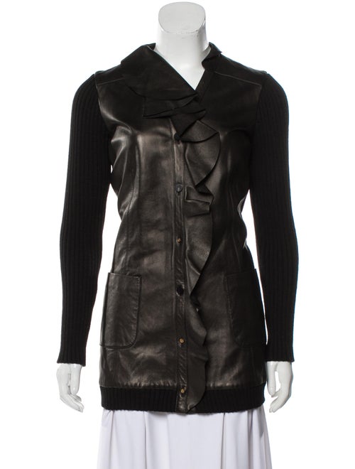Valentino Leather-Paneled Wool Cardigan Black