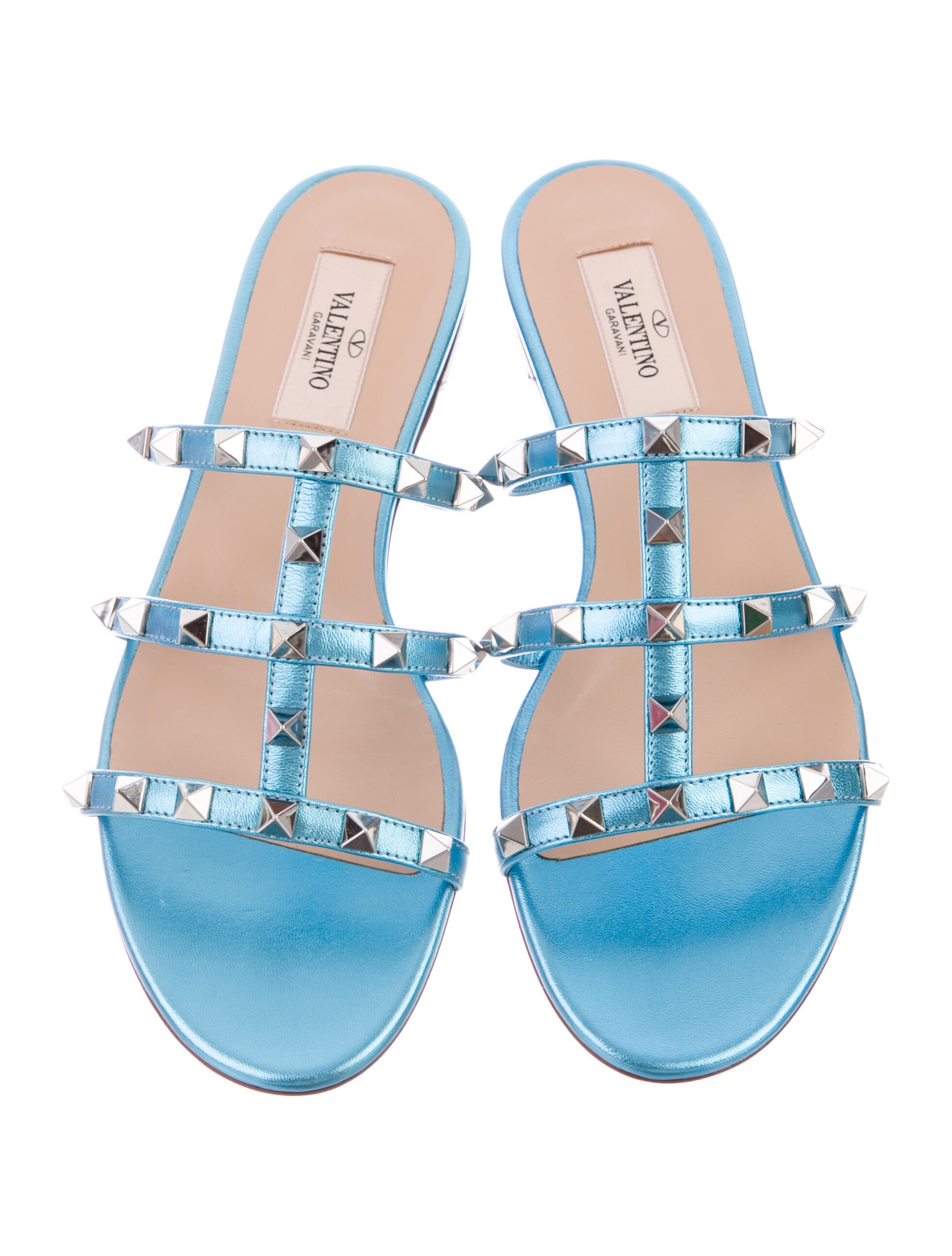 Valentino Rockstud Accents Leather Slides - Blue Sandals, Shoes - VAL220268 | The RealReal