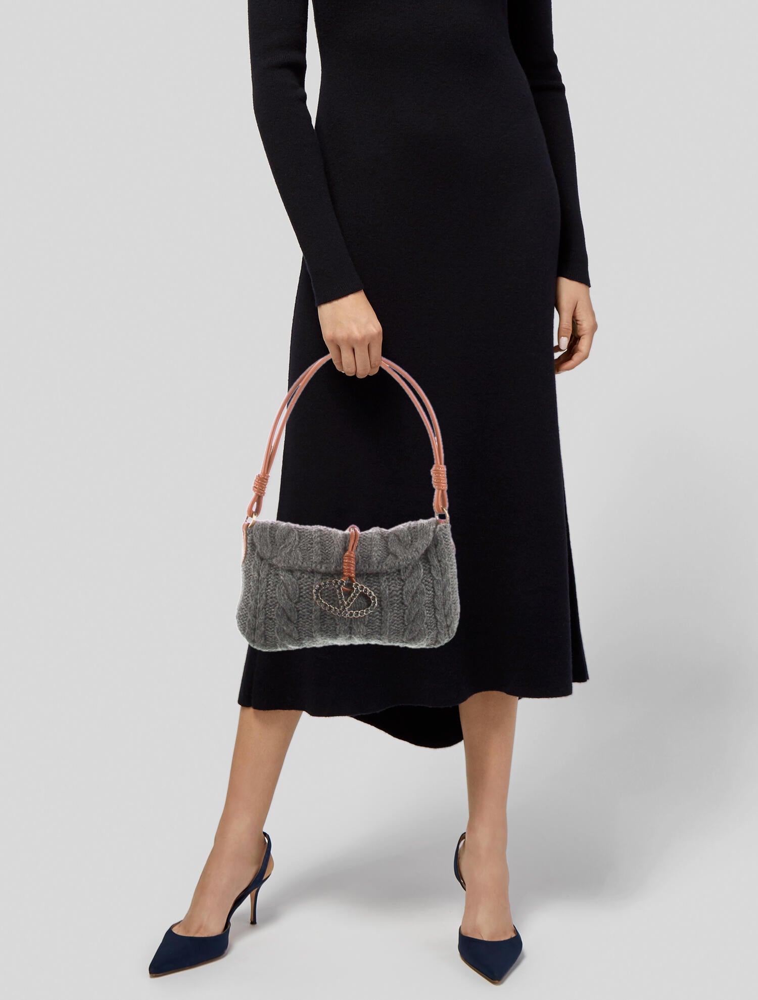 Valentino Cashmere Catch Gray Cable Knit Shoulder Bag - Brown