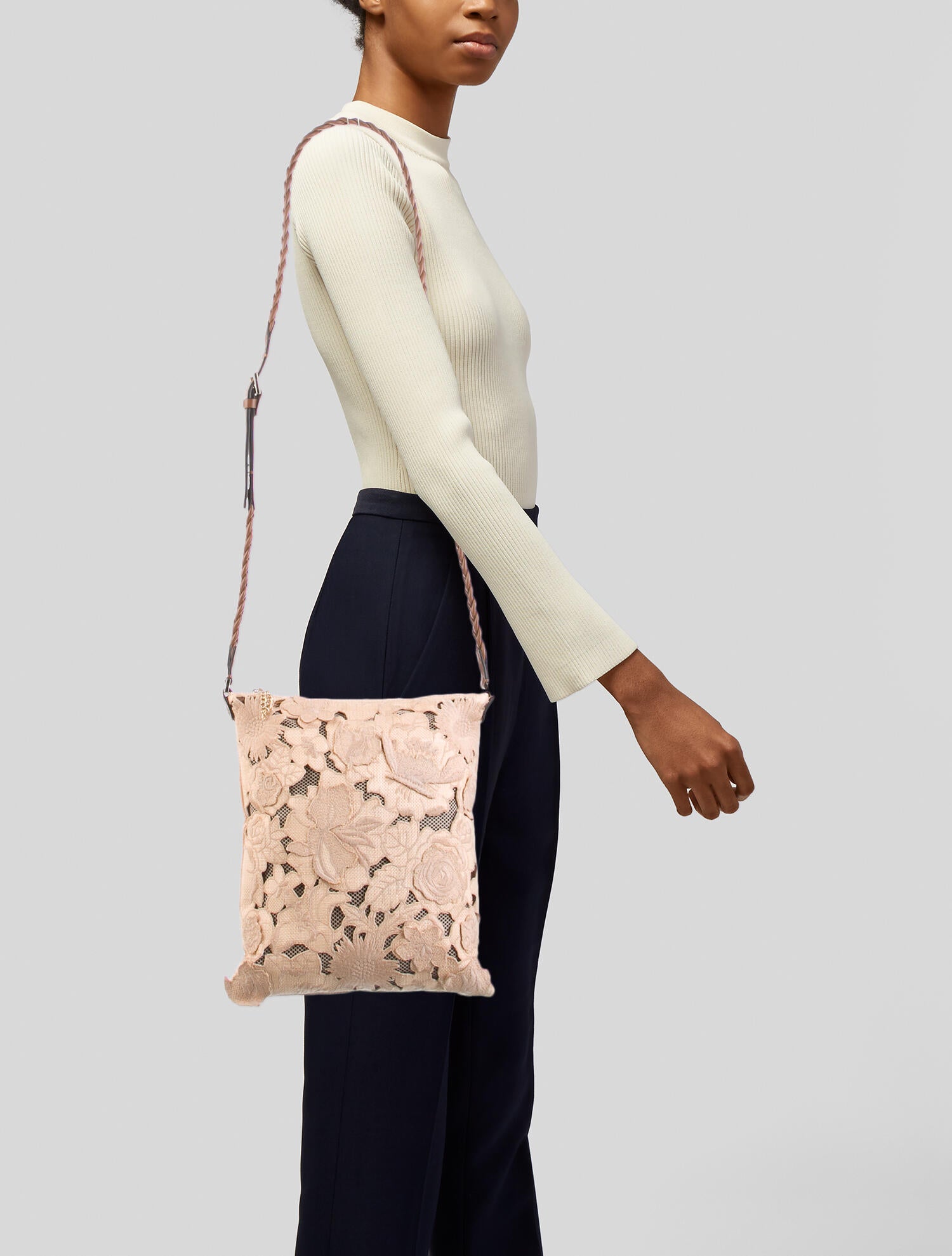 Valentino Crochet LeatherTrimmed Crossbody Bag Neutrals Crossbody