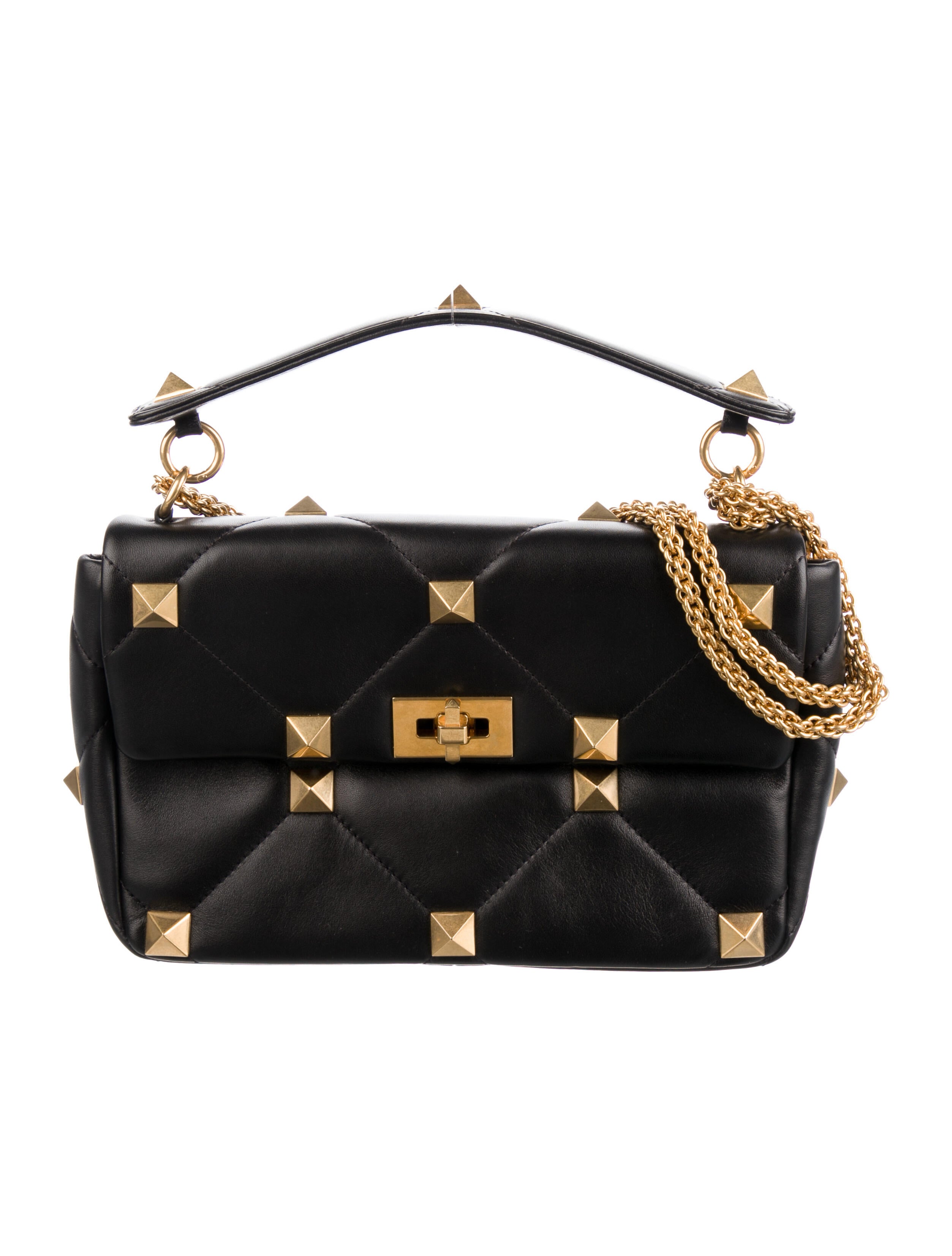 Valentino Quilted Leather Roman Stud Shoulder Bag Black Shoulder Bags