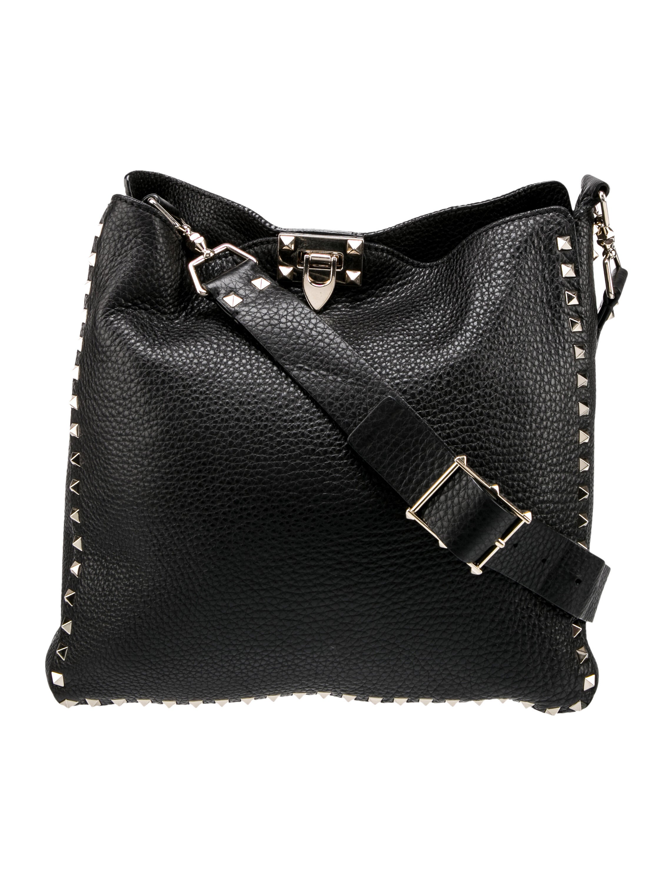 Valentino Pebbled Calfskin Rockstud Messenger Bag Black Crossbody