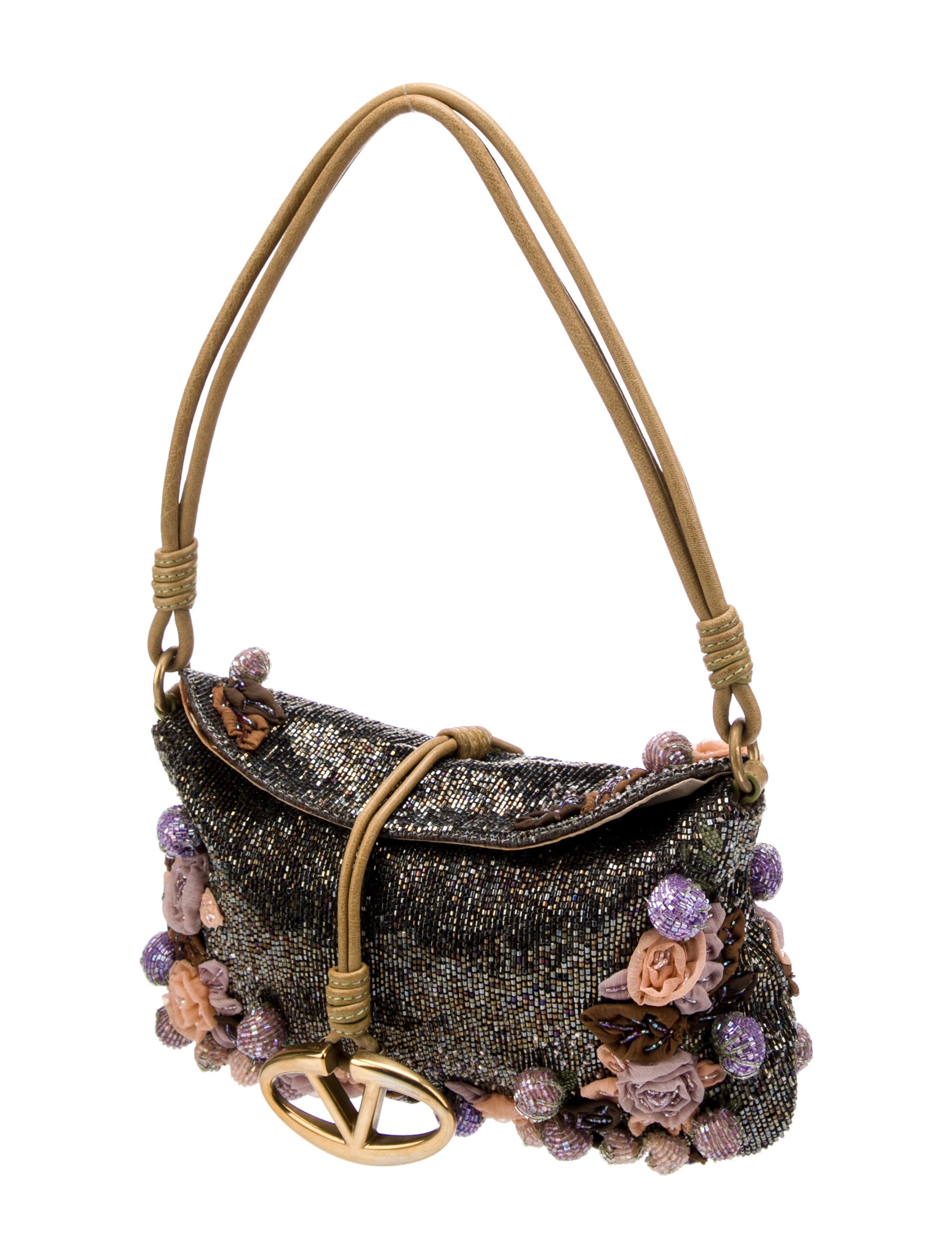 Valentino Beaded Flower Shoulder Bag - Brown Shoulder Bags