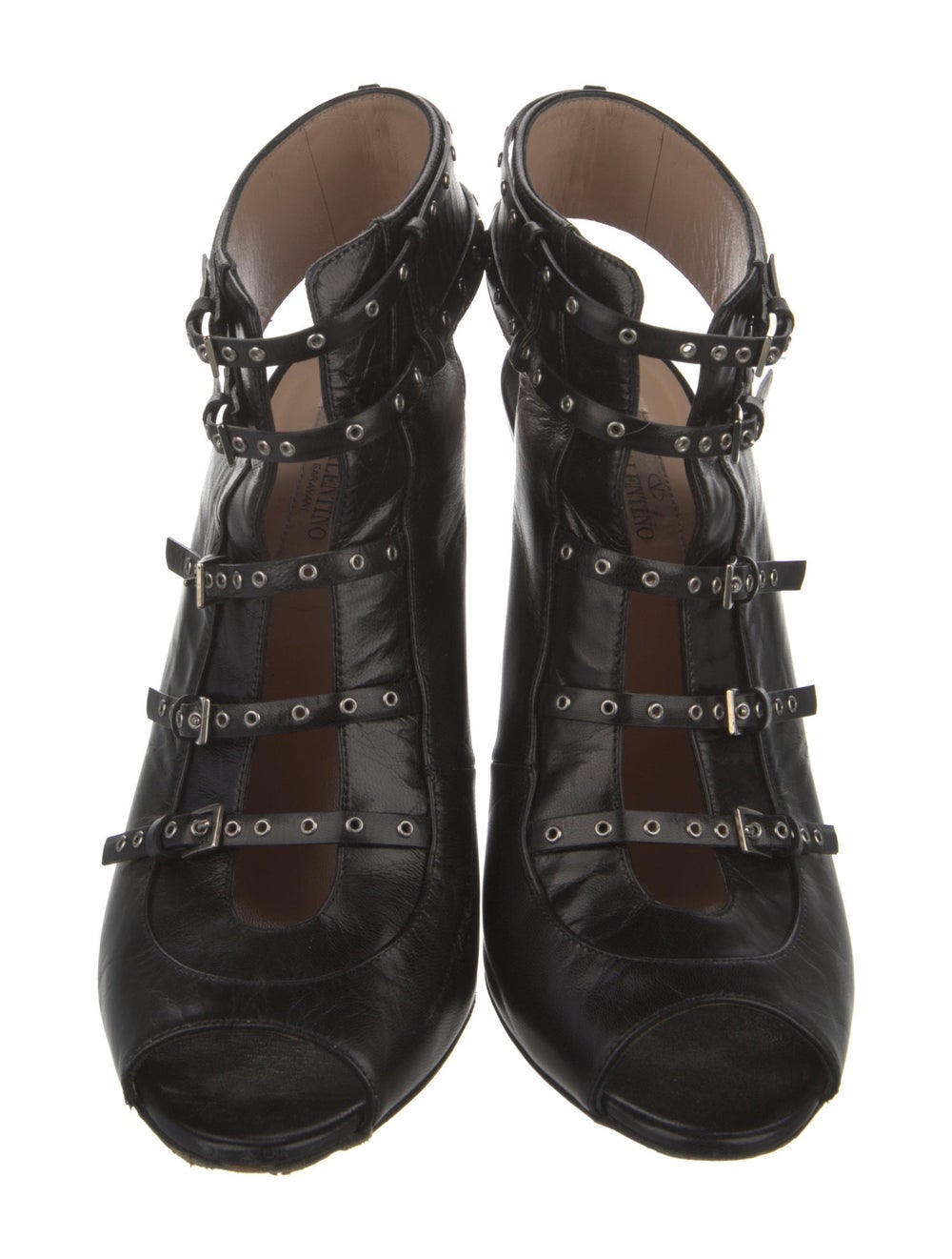 Valentino Leather Pumps Black Peep-Toes with Studded Accents Buckle Closure at Sides