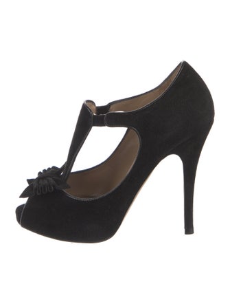 Valentino Suede Bow Accents T-Strap Pumps